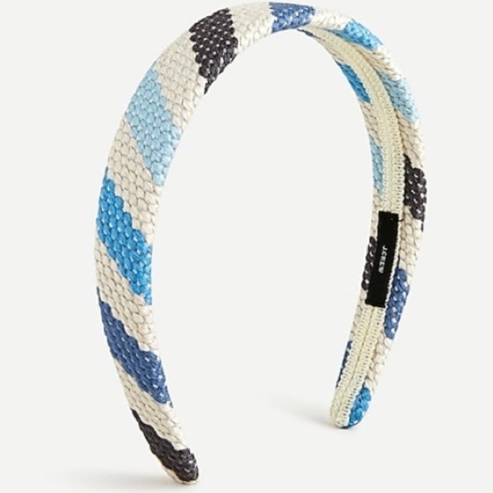 J Crew Woven straw not padded headband in blue stripe nwt academia core